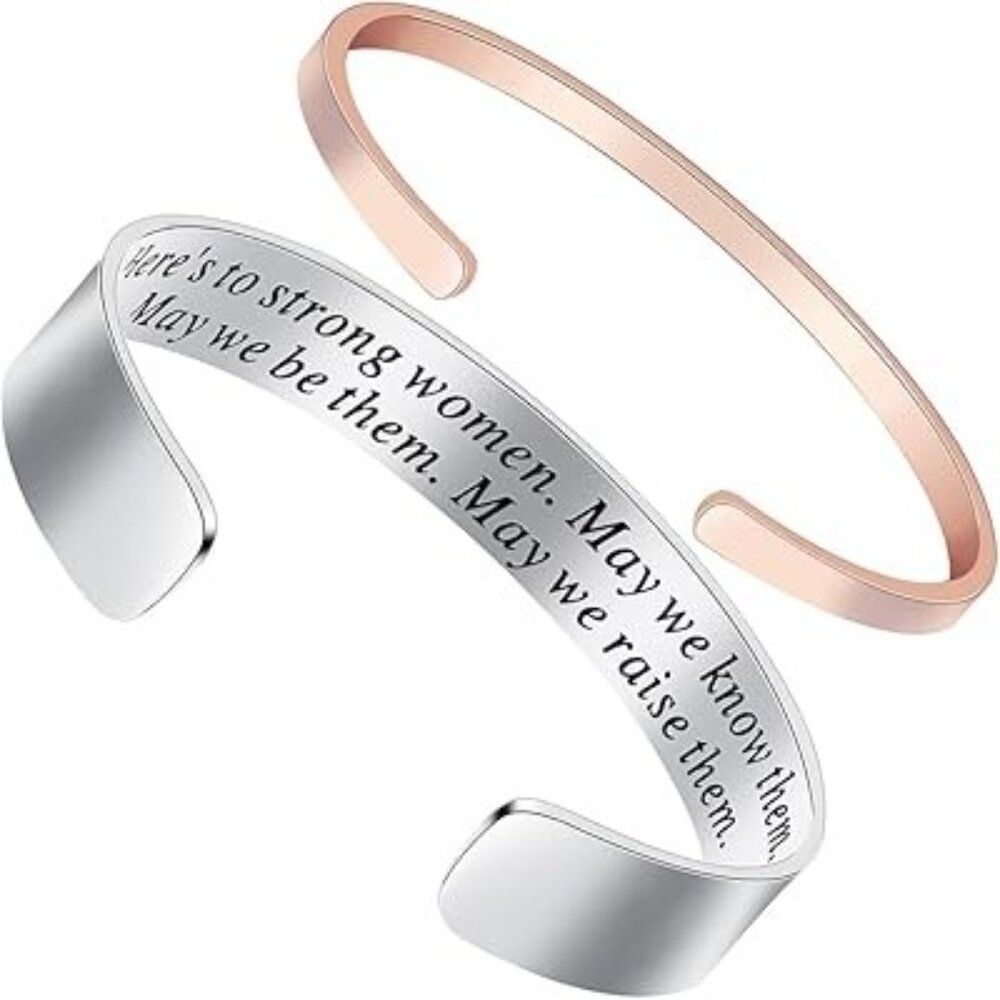 Ms. Clover Motivational Jewelry Bracelet Cuffs Set of 2 Silver & Rose Gold